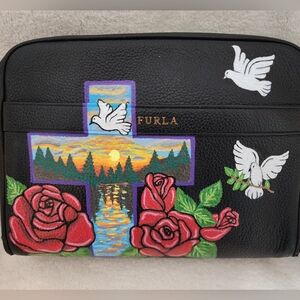SOLD-Furla Black Bag CUSTOMIZED with Scenic Cross and Dove Art